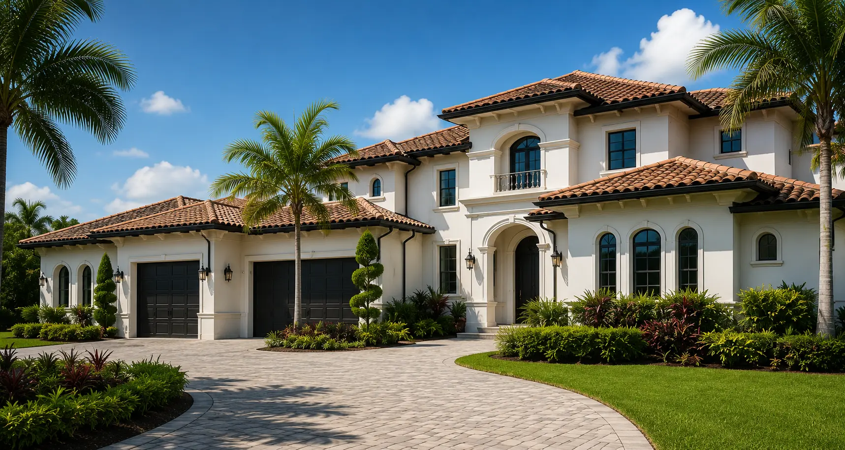 Luxury Miami waterfront home with clean tile roof, bright stucco walls and palm trees